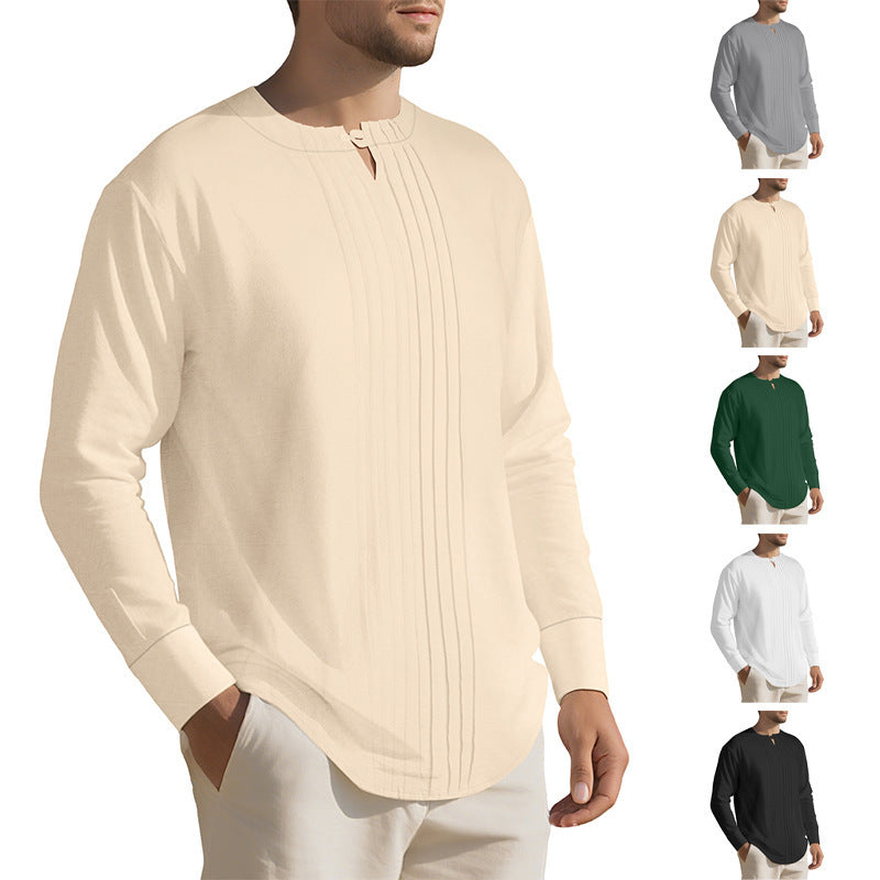Herren Leichtes Langarmshirt im Leinenlook mit Stehkragen, Kellerfalten und Schlaufenverschluss Shop Nory