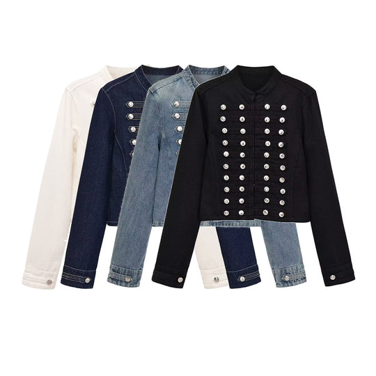 Damen Jeansjacke im Militärstil mit Stehkragen und dekorativen Zierknopfleisten Shop Nory