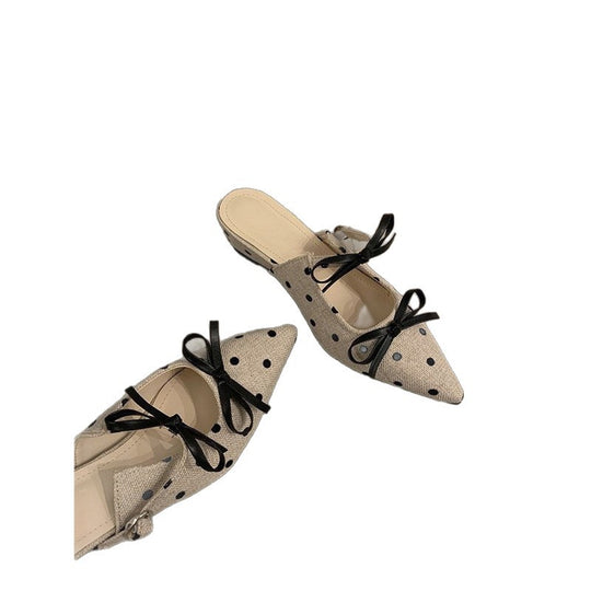 Damen Spitz zulaufende Schlupf-Mules in Leinenoptik mit Polka-Dot und Zierschleife Shop Nory