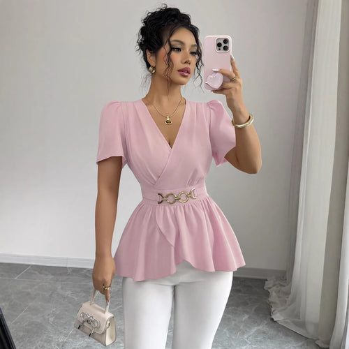 Damen Wickelbluse mit Taillen-Gürtel und asymmetrischem Volant Shop Nory