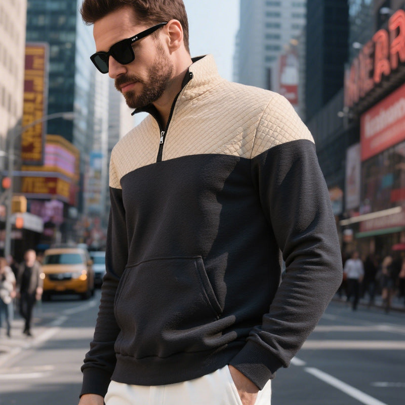 Herren Colorblock-Halbzip-Sweatshirt mit gesteppter Brustpartie, Kängurutasche und elastischen Bündchen Shop Nory