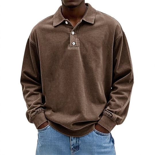 Herren Oversize Denim-Look Polo-Sweatshirt mit kurzer Knopfleiste und elastischen Bündchen EB