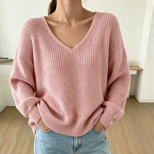 Damen Lässiger Boxy-Grobstrickpullover mit V-Ausschnitt und gerippten Bündchen Shop Nory