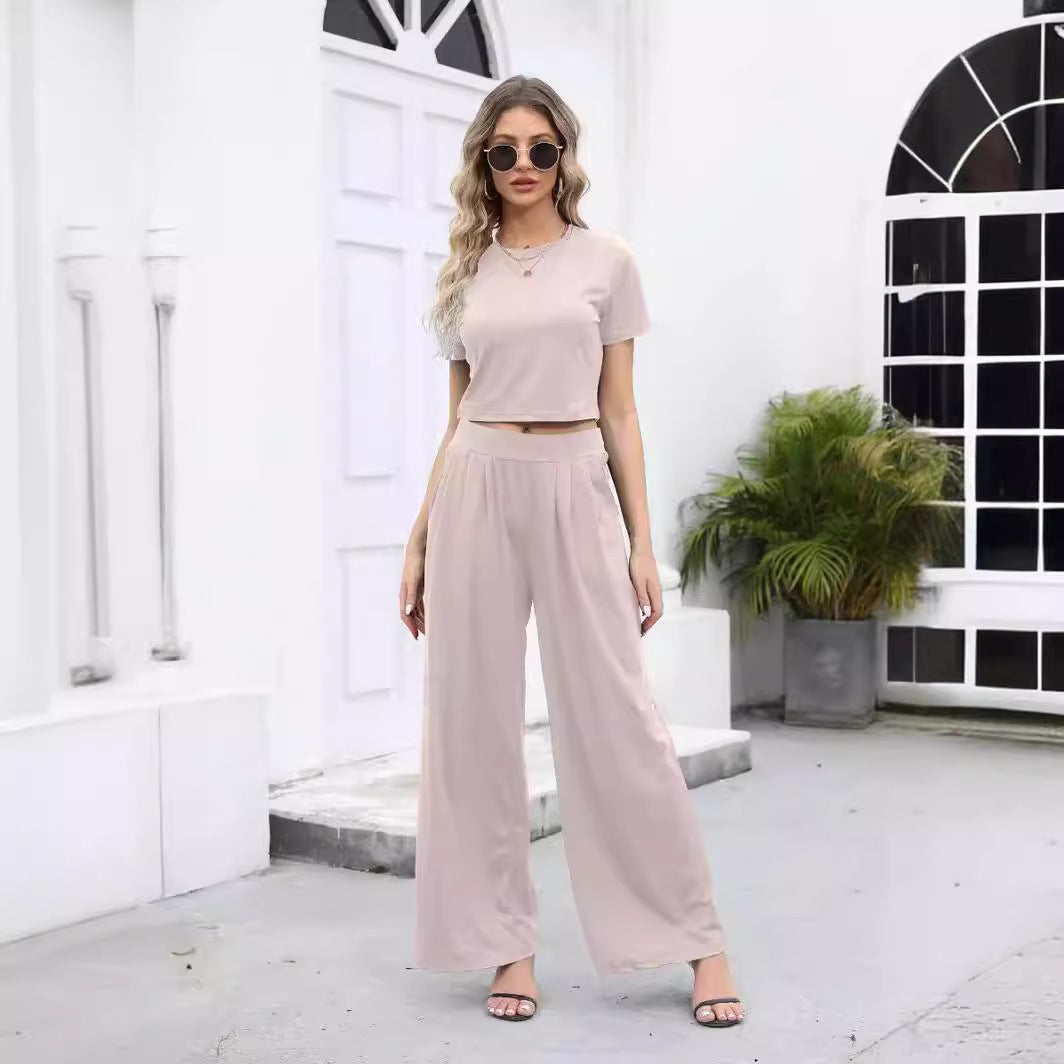 Damen Lässiges Zweiteiler-Set mit kürzem T-Shirt und weiten Pants