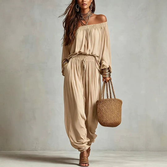 Damen Off-Shoulder Jumpsuit mit elastischem Taillenbund und weitem Plissee-Hosenbein Shop Nory