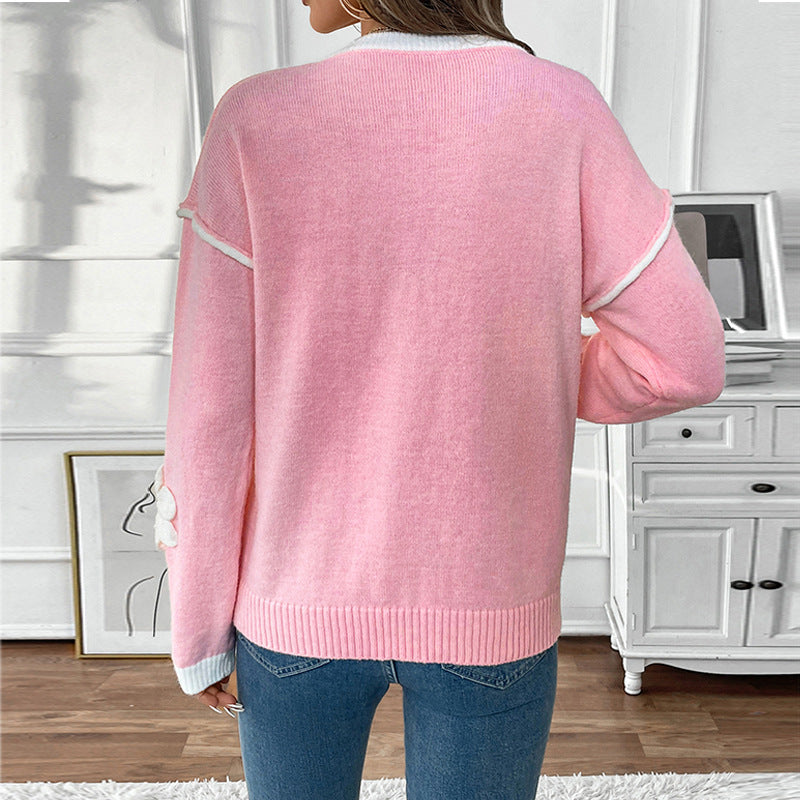 Damen V-Ausschnitt Feinstrickpullover mit dreidimensionalen Blütenapplikationen Shop Nory
