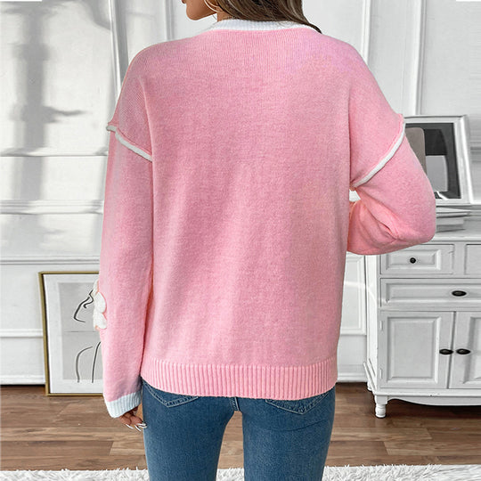 Damen V-Ausschnitt Feinstrickpullover mit dreidimensionalen Blütenapplikationen Shop Nory