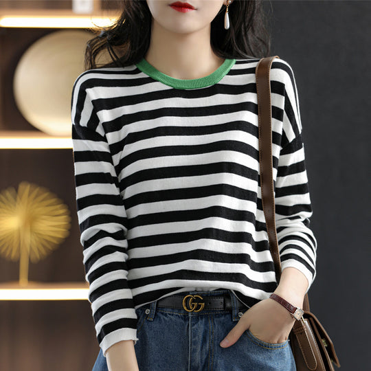 Damen Maritim-inspiriertes gestreiftes Feinstrick-Shirt mit weitem Boot-Ausschnitt und Kontrastkante Shop Nory