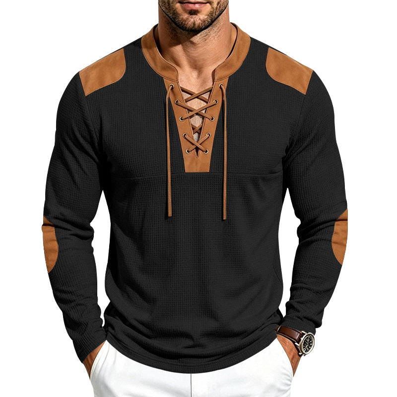 Herren Langarm-Waffelshirt mit Schnürkragen und Kunstlederapplikationen Shop Nory