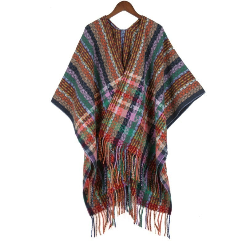 Damen Mehrfarbiger Web‑Poncho im Boho‑Patchwork‑Design mit Fransen Shop Nory