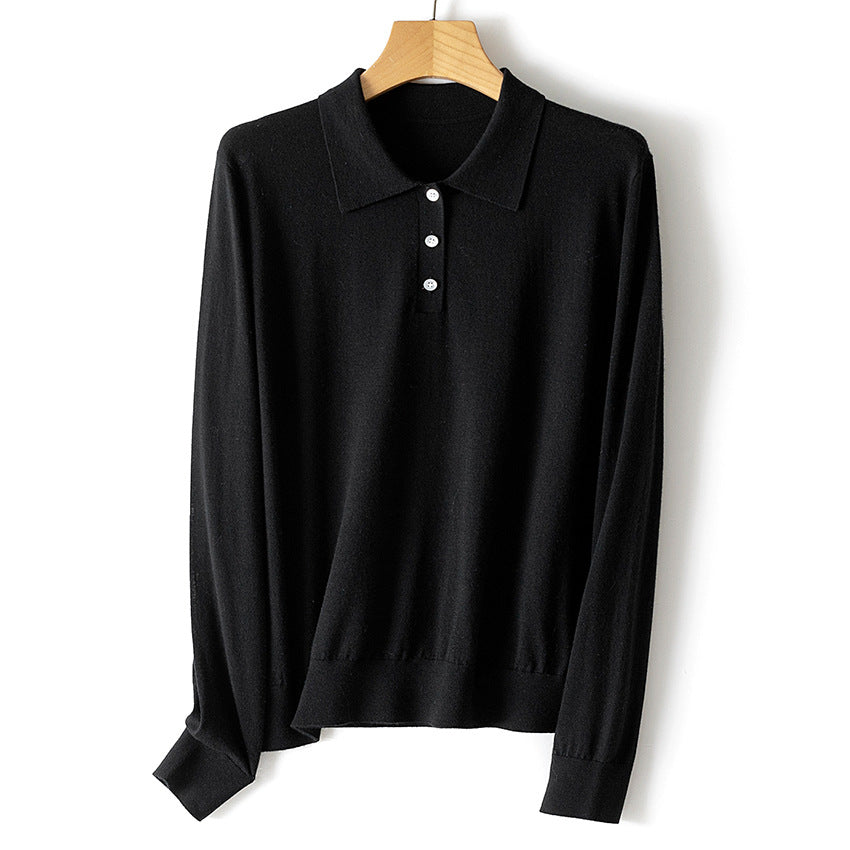 Damen Feiner Langarm-Polo-Pullover aus Feinstrick mit Knopfleiste Shop Nory
