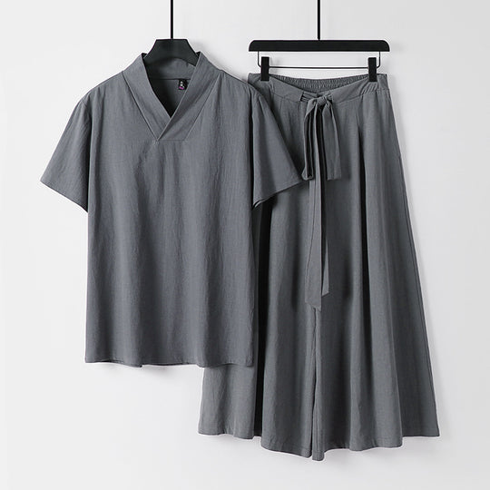 Damen Leichtes Loungewear-Set mit V-Ausschnitt-Shirt und weit schwingendem Midirock mit Kordelzug Shop Nory
