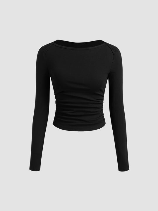 Damen Figurbetontes Langarm-Shirt mit U-Boot‑Ausschnitt und seitlicher Raffung Shop Nory