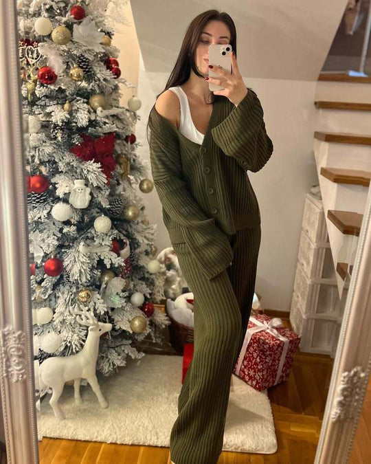 Damen Gerippter Strick‑Zweiteiler mit Oversized‑Cardigan und High‑Waist‑Sweathose Shop Nory