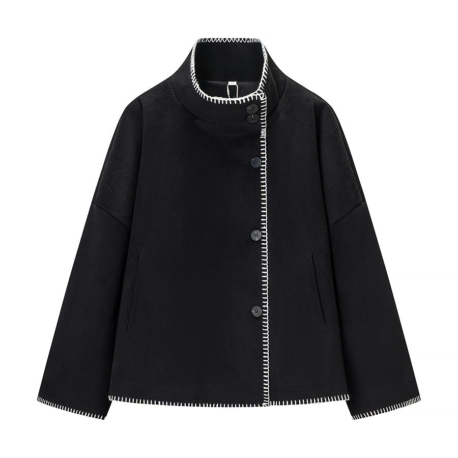 Damen Kurzer Wollcape-Mantel mit Stehkragen, Kontrastnaht und Druckknopfverschluss Shop Nory