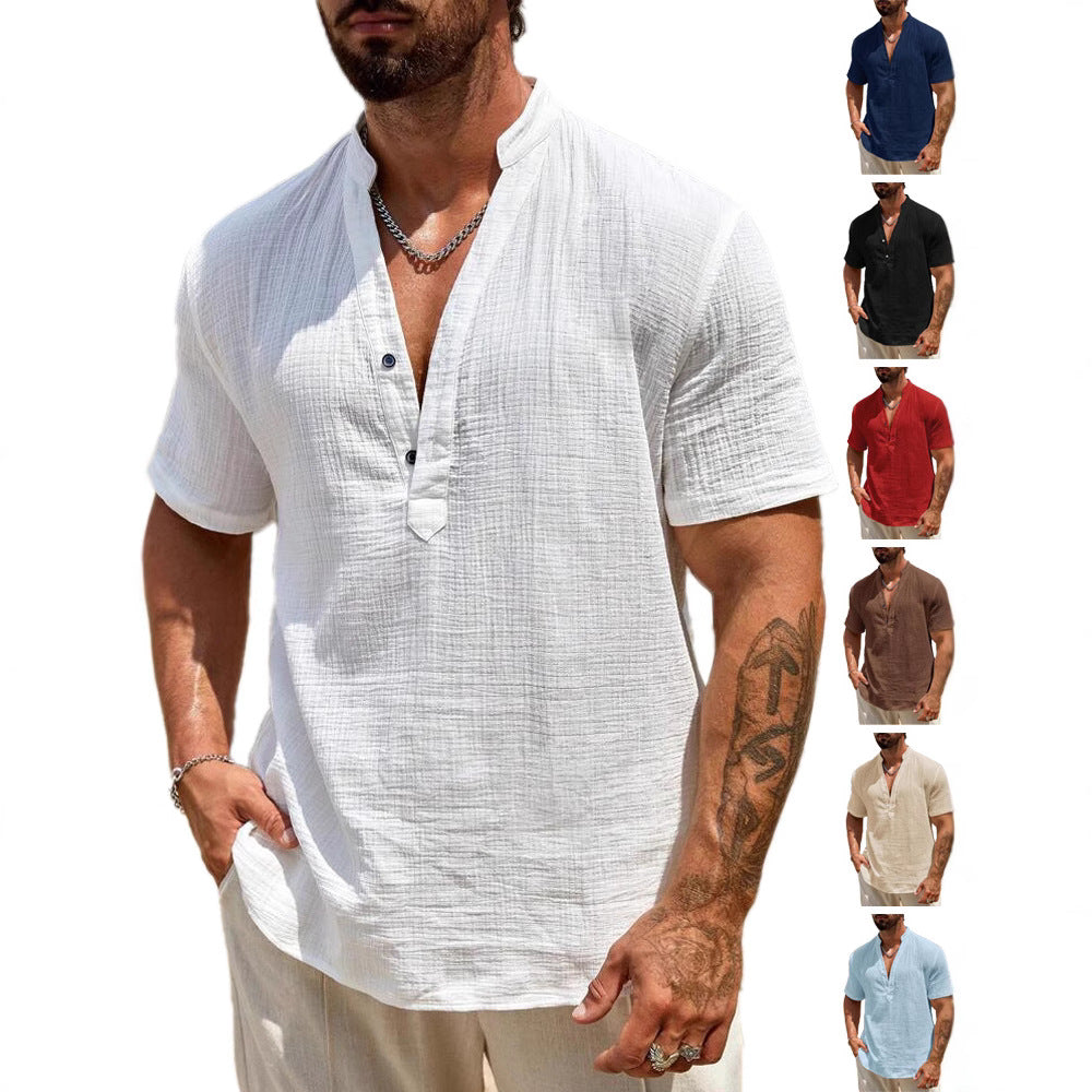 Herren Kurzarm Henley Hemd mit modernem Stehkragen aus leichtem Baumwollmaterial