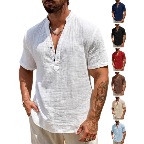 Herren Kurzarm Henley Hemd mit modernem Stehkragen aus leichtem Baumwollmaterial