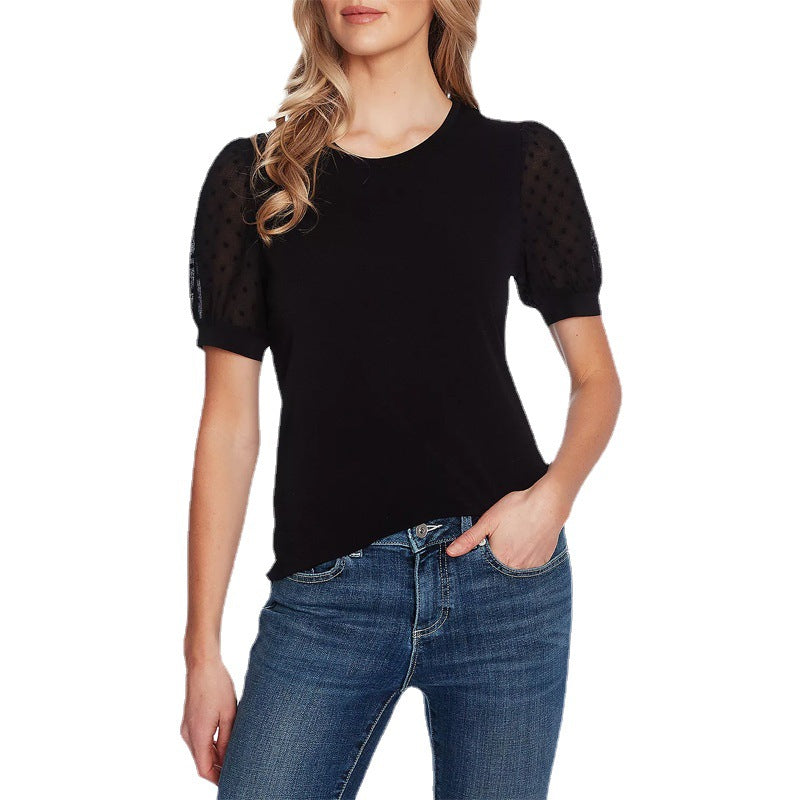 Damen Tailliert-lockeres Jersey-Shirt mit perlenbesetzten Puffärmeln Shop Nory