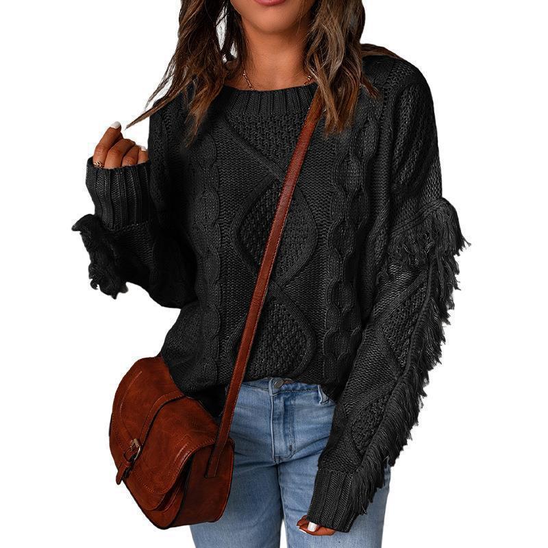 Damen Grobstrick-Pullover mit Zopfstruktur, fransigen Ärmeln und legerer Oversize-Passform Shop Nory