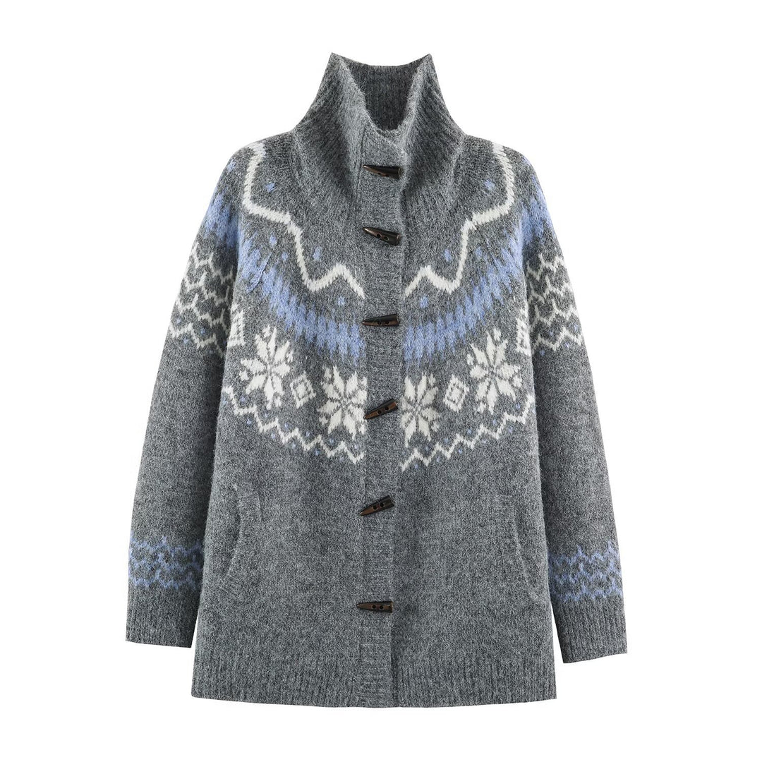 Damen Norweger-Strickjacke mit Stehkragen und Holzknopfverschlüssen Shop Nory