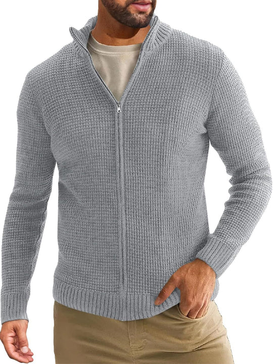Herren Reißverschluss-Strickjacke mit Waffelstruktur und Stehkragen Shop Nory