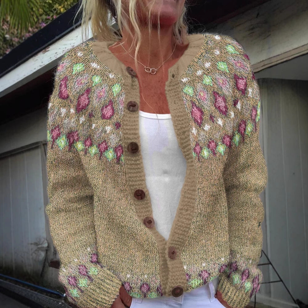 Damen nan gemusterte Strickjacke mit Rundpasse, Holzknöpfen und Eingrifftaschen Shop Nory