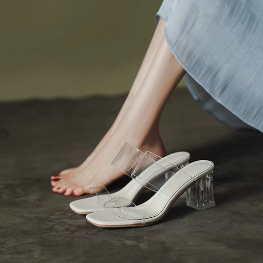 Damen Minimalistische Doppelriemen Mules mit transparentem Obermaterial und geometrischem Blockabsatz Shop Nory