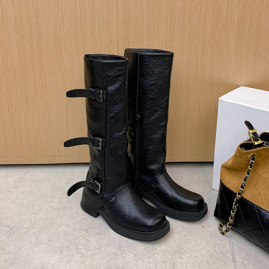 Damen Wadenhohe Stiefel mit dreifacher Gürtelschnalle und profilierter Plateausohle Shop Nory