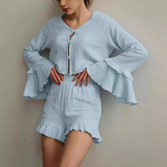 Damen Zweiteiliges Crinkle-Lounge-Set mit Volant-Shorts und gestuften Trompetenärmeln Shop Nory