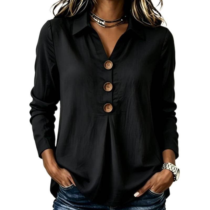 Damen Langarm-Bluse mit Holzknopfleiste und Vorderfalte Shop Nory