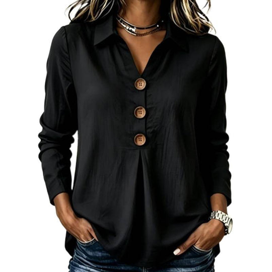 Damen Langarm-Bluse mit Holzknopfleiste und Vorderfalte Shop Nory