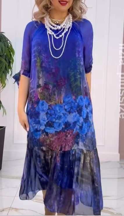 Damen Elegantes Chiffon Maxikleid mit floralen Akzenten, gestuftem Rock und 3/4-Ärmeln Shop Nory
