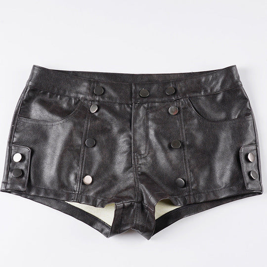 Damen Kunstleder-Shorts mit dekorativen Knopfdetails