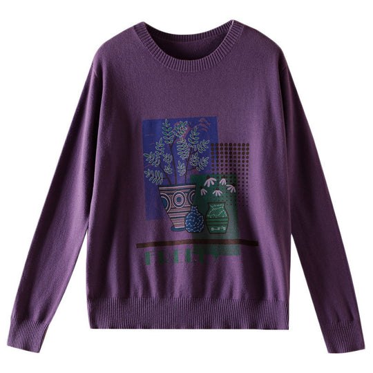 Damen Leichter Rundhalspullover mit grafischem Pflanzenprint und feinem Feinstrick Shop Nory