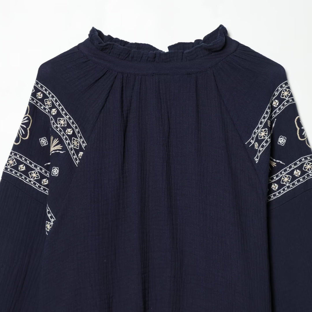 Damen nan bestickte Boho-Bluse mit gerafftem Stehkragen, Ballonärmeln und kurzem Saum Shop Nory