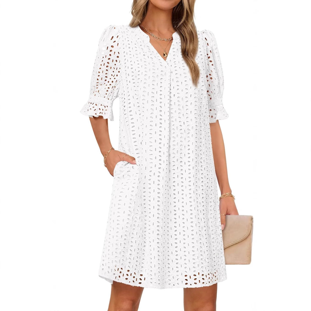 Damen luftiges Blumenkleid mit eleganten Lochdetails