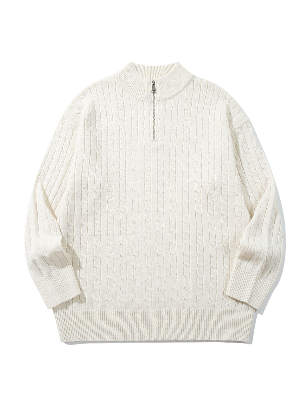 Unisex Zopfmuster-Halbzip-Strickpullover mit hohem Rippkragen und längerem Saum Shop Nory