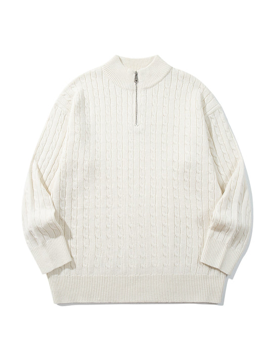 Unisex Zopfmuster-Halbzip-Strickpullover mit hohem Rippkragen und längerem Saum Shop Nory