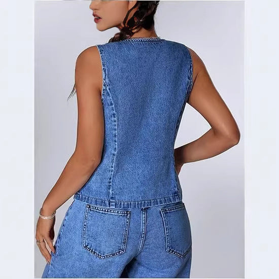 Damen Enganliegende Jeansweste mit V-Ausschnitt und Bindeschnürung Shop Nory