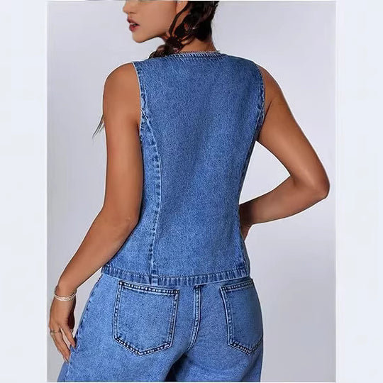 Damen Enganliegende Jeansweste mit V-Ausschnitt und Bindeschnürung Shop Nory