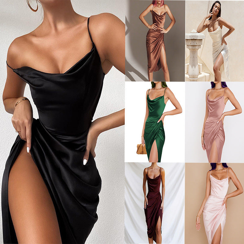 Damen Elegantes und figurbetontes Satin-Cocktailkleid mit hohem Schlitz