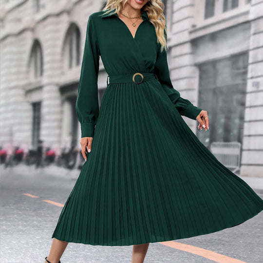 Damen Plissiertes Wickel-Midikleid mit Hemdkragen, Taillengürtel und langen Manschettenärmeln Shop Nory