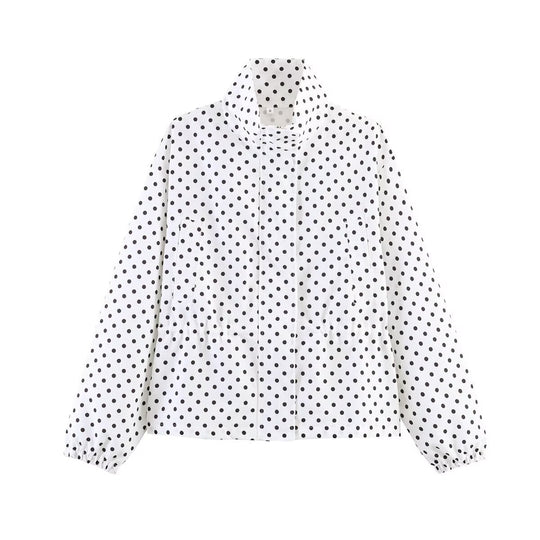Damen Gekürzte gepunktete Übergangsjacke mit Stehkragen und Taillenraffung Shop Nory