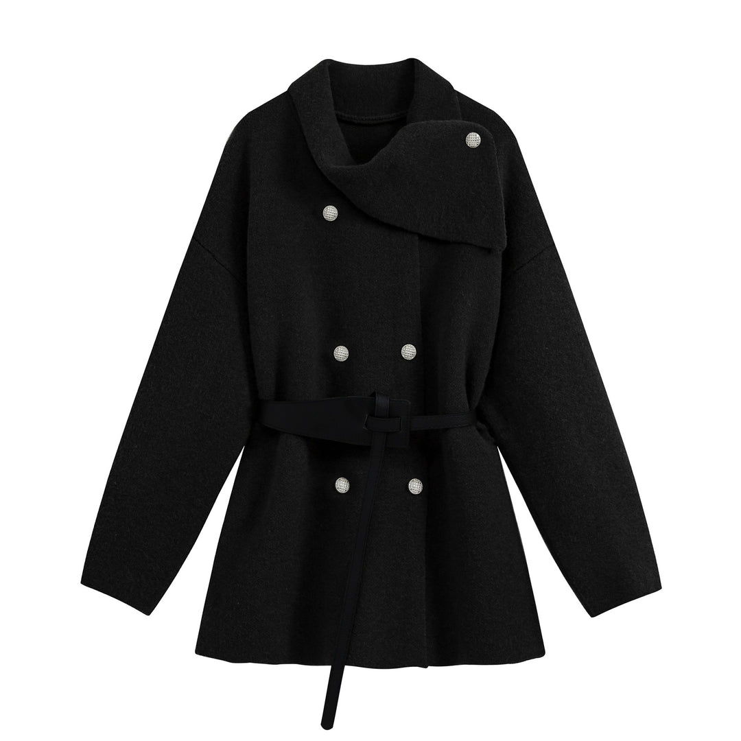 Damen Kurzer Blouson‑Mantel im Cocoon‑Schnitt mit asymmetrischem Schalkragen und Taillengürtel Shop Nory