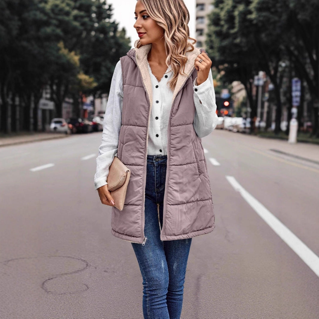 Damen Lange Steppweste mit Kapuze und Teddyfutter Shop Nory