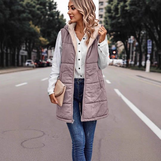 Damen Lange Steppweste mit Kapuze und Teddyfutter Shop Nory
