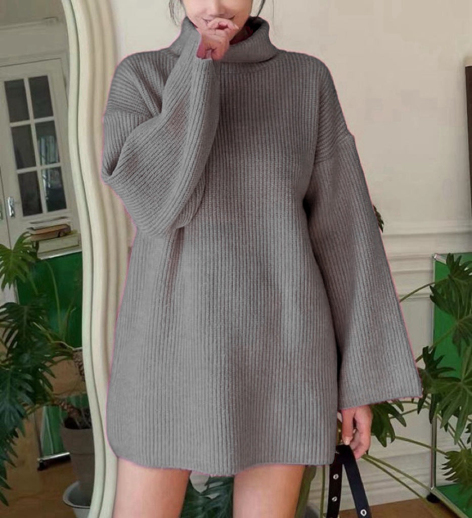 Damen Langer Strickpullover mit hohem Kragen und weit ausgestellten Ärmeln