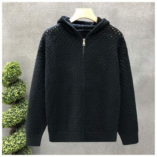 Unisex Leichte Lochstrick-Kapuzenzipjacke mit Ajourmuster Shop Nory