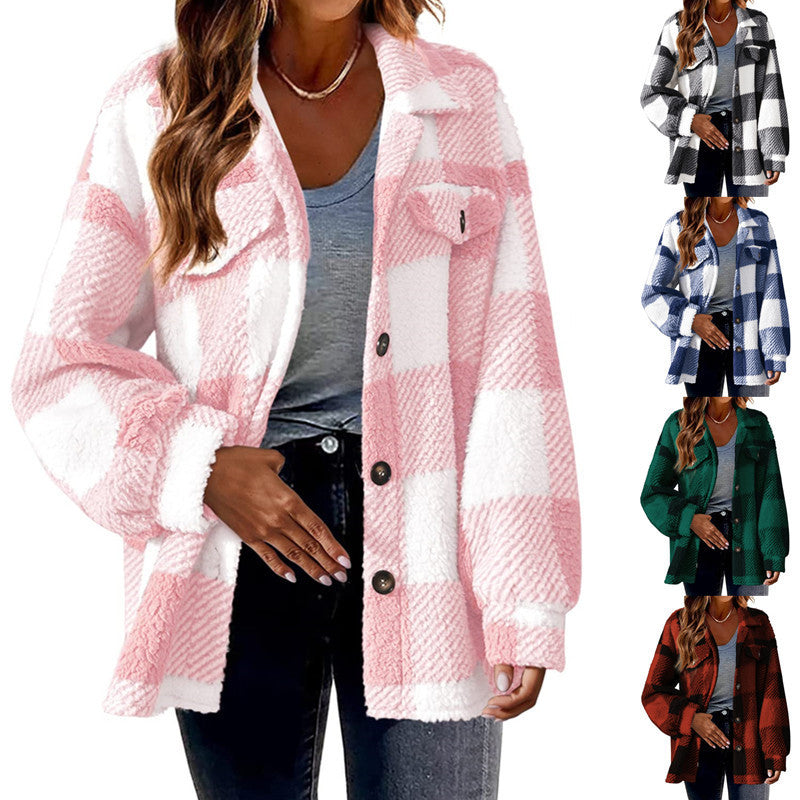Damen Karierte Teddy‑Hemdjacke im Oversize‑Shacket‑Stil Shop Nory