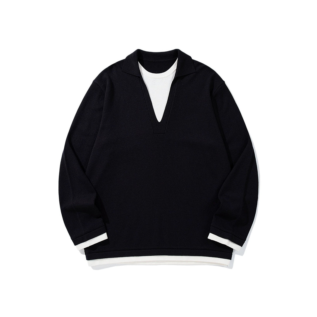 Unisex Lässiger Oversize Strickpullover mit tiefem V Einsatz und Hemd‑Layer Optik Shop Nory